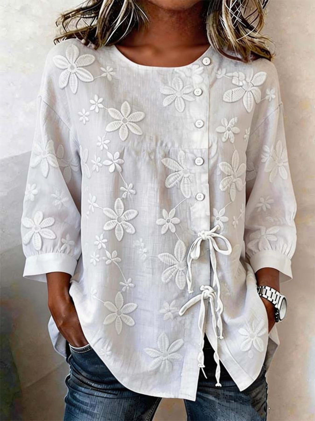Women’s Embroidered Buttoned Tie-Front Blouse – Short Sleeve Summer Top