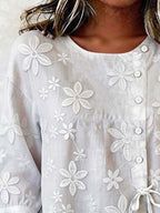 Women’s Embroidered Buttoned Tie-Front Blouse – Short Sleeve Summer Top
