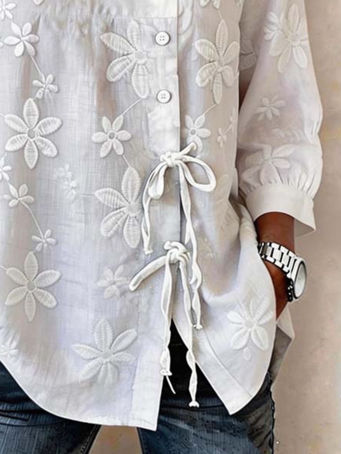 Women’s Embroidered Buttoned Tie-Front Blouse – Short Sleeve Summer Top