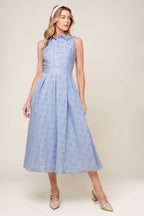 Slate Blue Collared Button-Down Inverted Pleat Woven Midi Dress