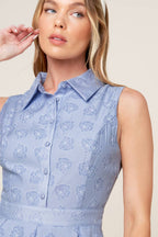 Slate Blue Collared Button-Down Inverted Pleat Woven Midi Dress