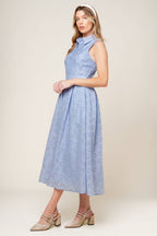 Slate Blue Collared Button-Down Inverted Pleat Woven Midi Dress