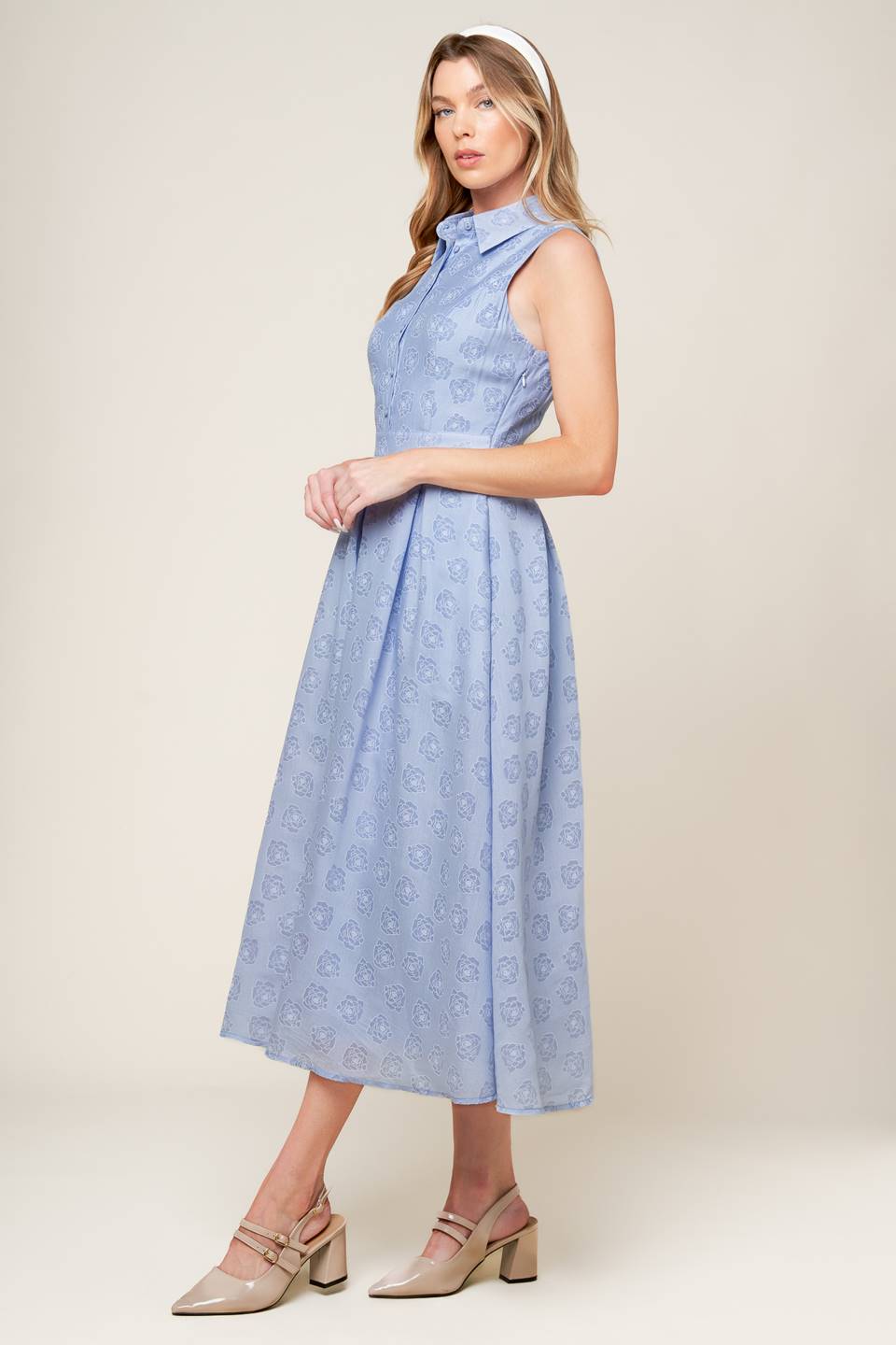 Slate Blue Collared Button-Down Inverted Pleat Woven Midi Dress