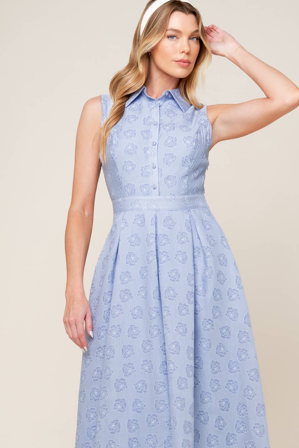 Slate Blue Collared Button-Down Inverted Pleat Woven Midi Dress