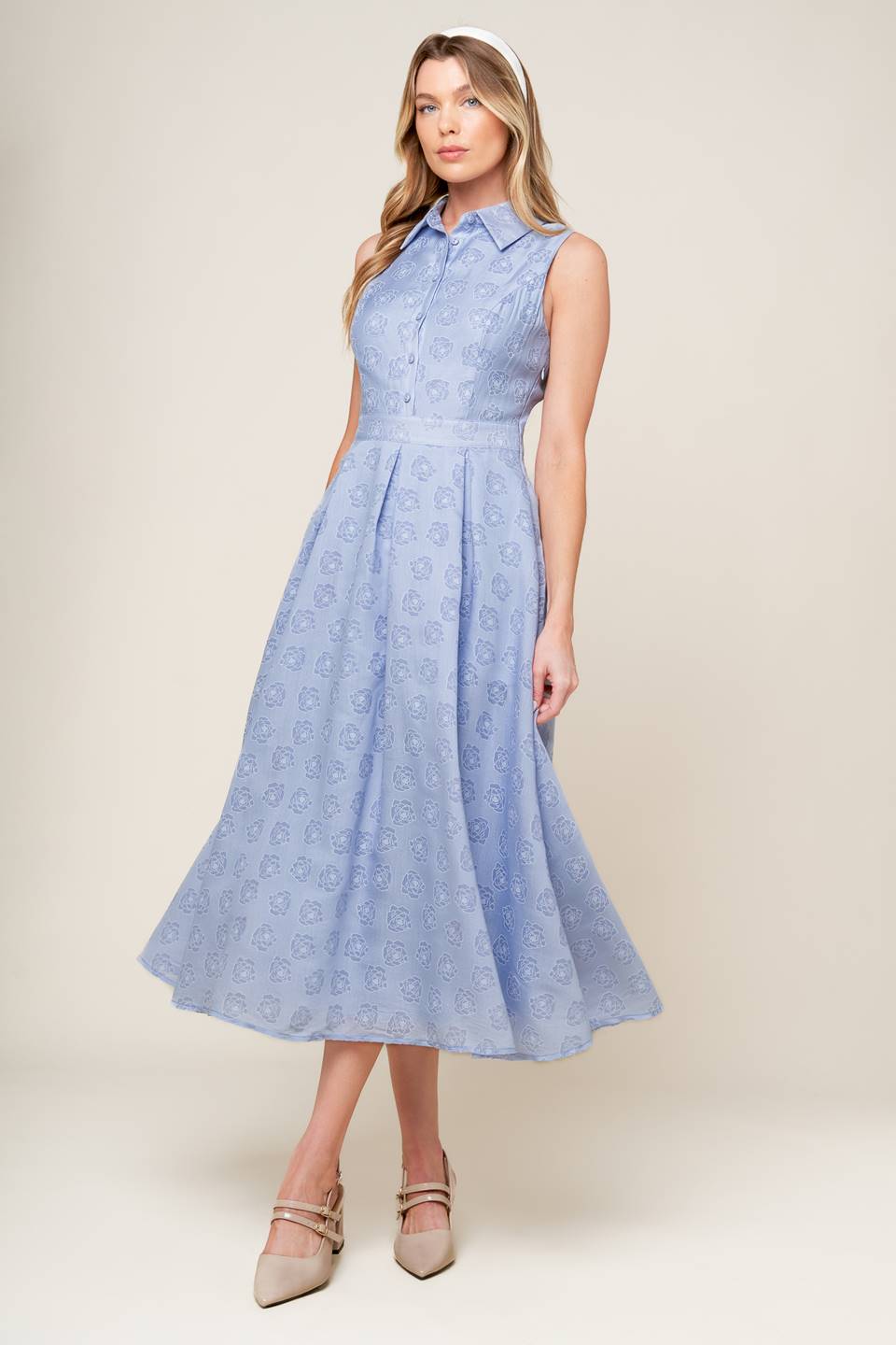 Slate Blue Collared Button-Down Inverted Pleat Woven Midi Dress