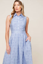 Slate Blue Collared Button-Down Inverted Pleat Woven Midi Dress