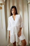 Lace Trim V-Neck Bell Sleeve Tiered Mini DresS
