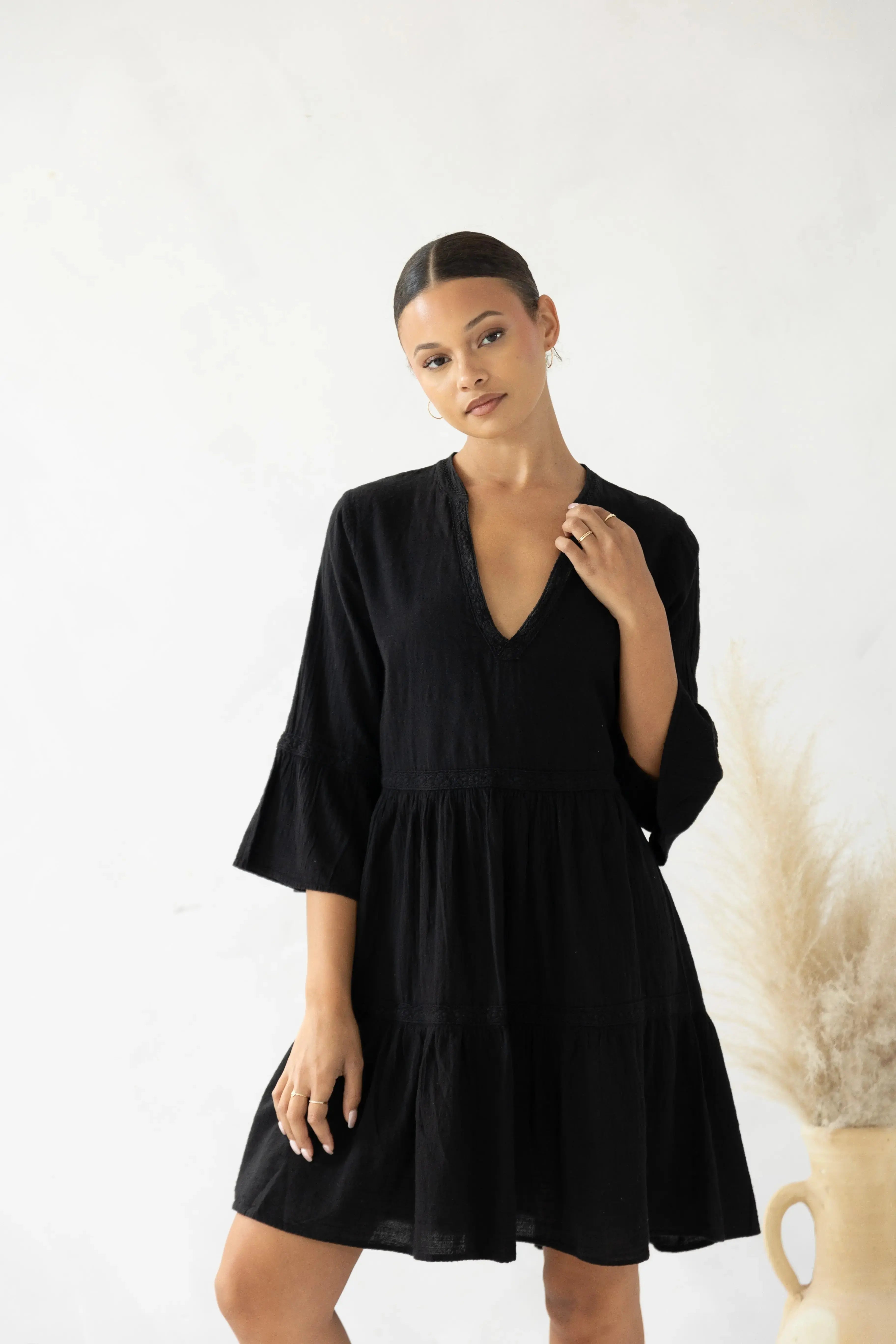 Lace Trim V-Neck Bell Sleeve Tiered Mini DresS