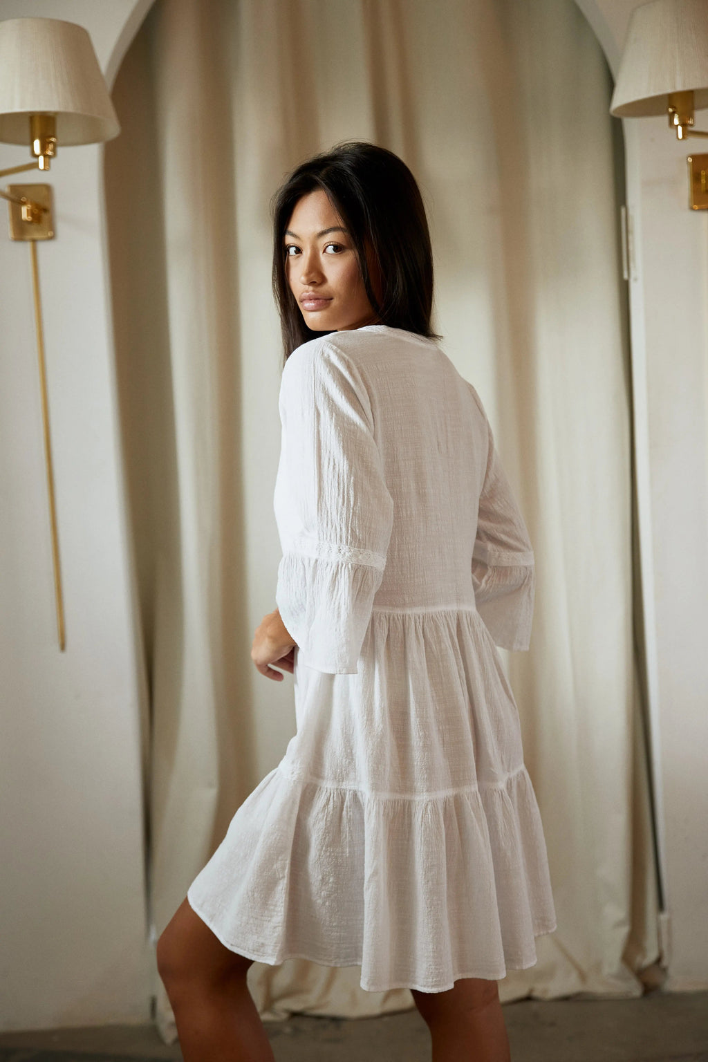 Lace Trim V-Neck Bell Sleeve Tiered Mini DresS