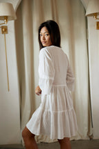 Lace Trim V-Neck Bell Sleeve Tiered Mini DresS