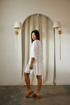 Lace Trim V-Neck Bell Sleeve Tiered Mini DresS