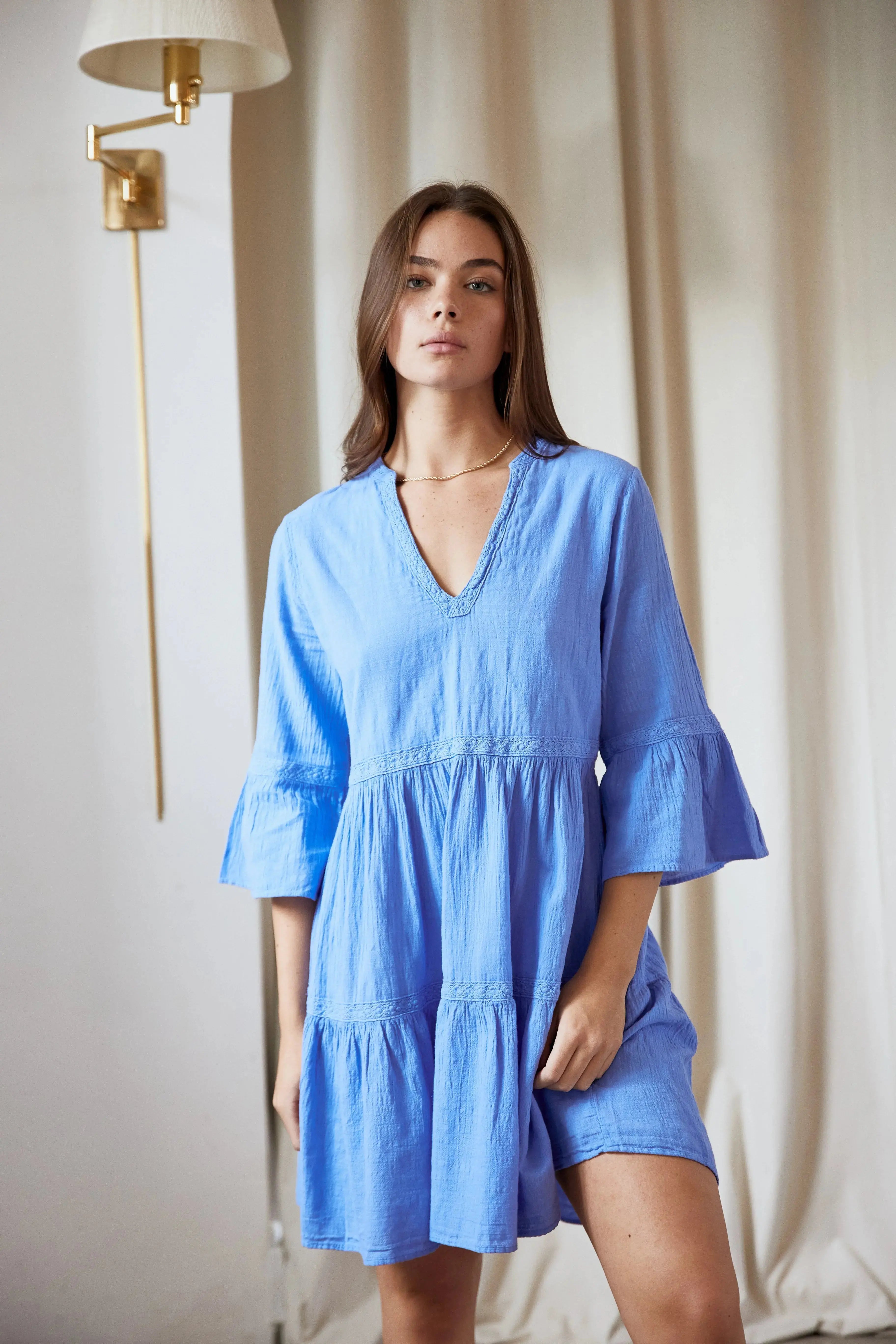 Lace Trim V-Neck Bell Sleeve Tiered Mini DresS