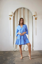 Lace Trim V-Neck Bell Sleeve Tiered Mini DresS