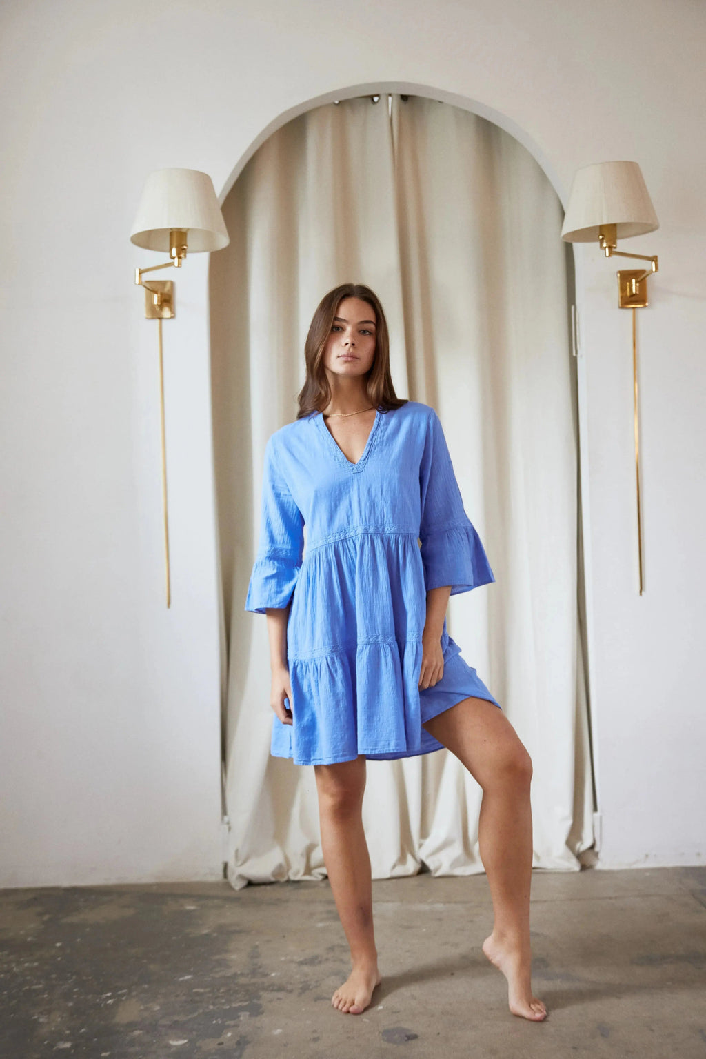Lace Trim V-Neck Bell Sleeve Tiered Mini DresS