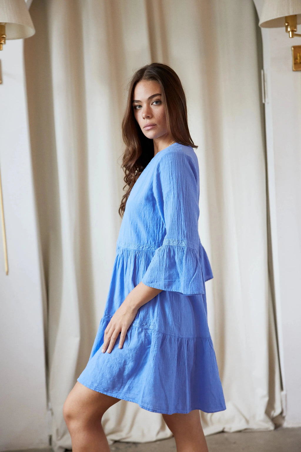 Lace Trim V-Neck Bell Sleeve Tiered Mini DresS