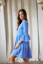 Lace Trim V-Neck Bell Sleeve Tiered Mini DresS