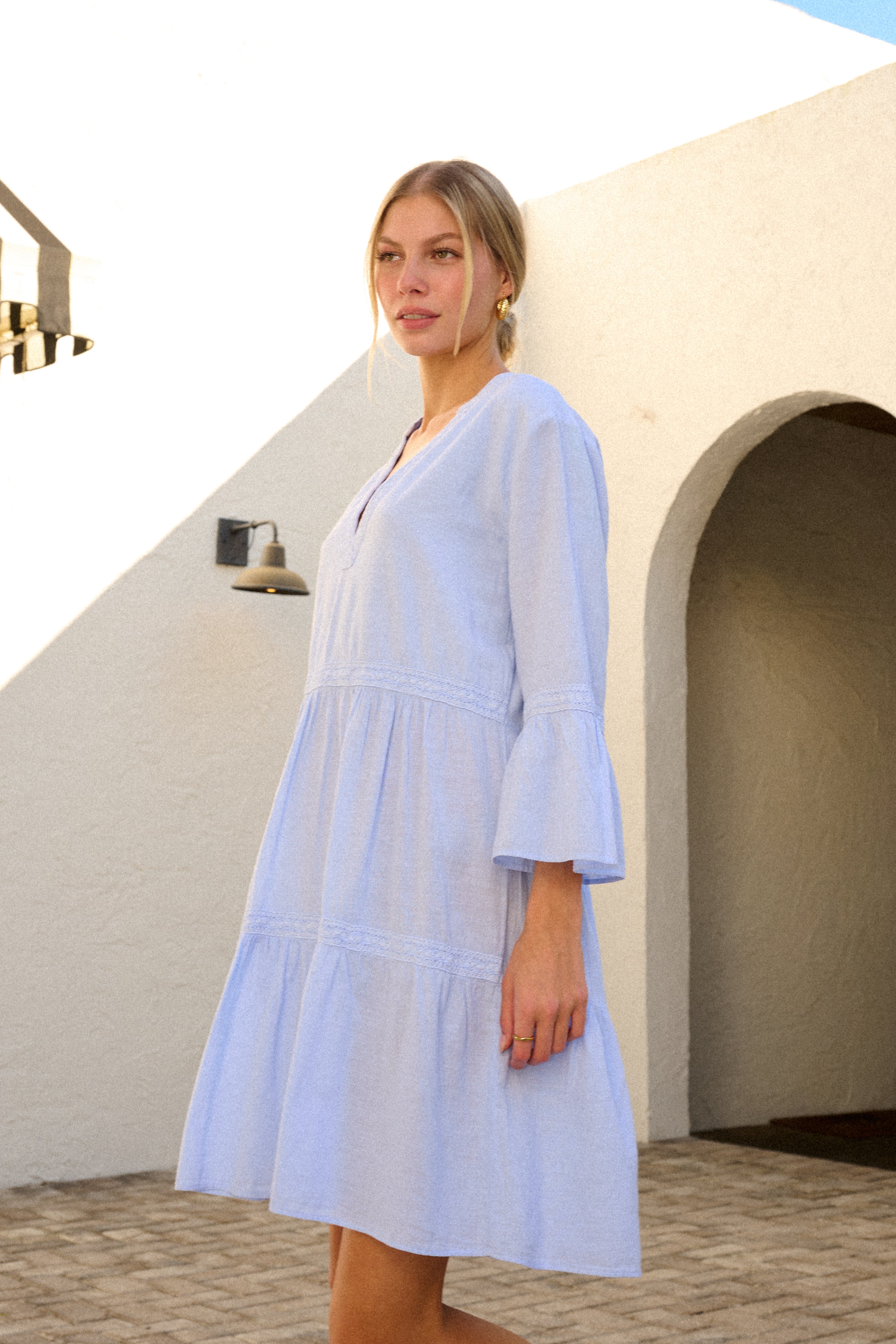 Lace Trim V-Neck Bell Sleeve Tiered Mini DresS