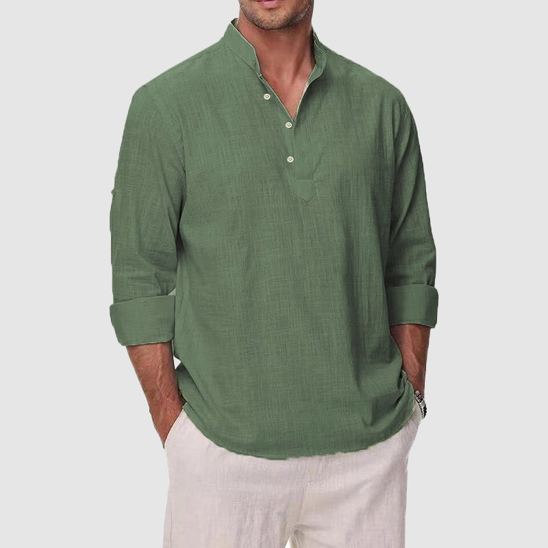 Men’s Cotton-Linen Henley Shirt – Relaxed Fit Long Sleeve Essential