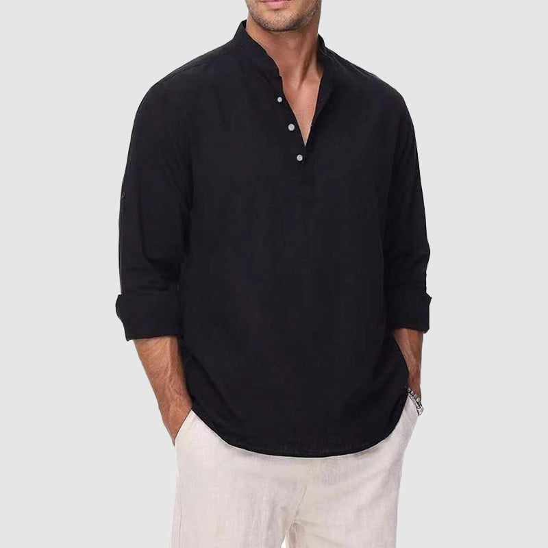 Men’s Cotton-Linen Henley Shirt – Relaxed Fit Long Sleeve Essential