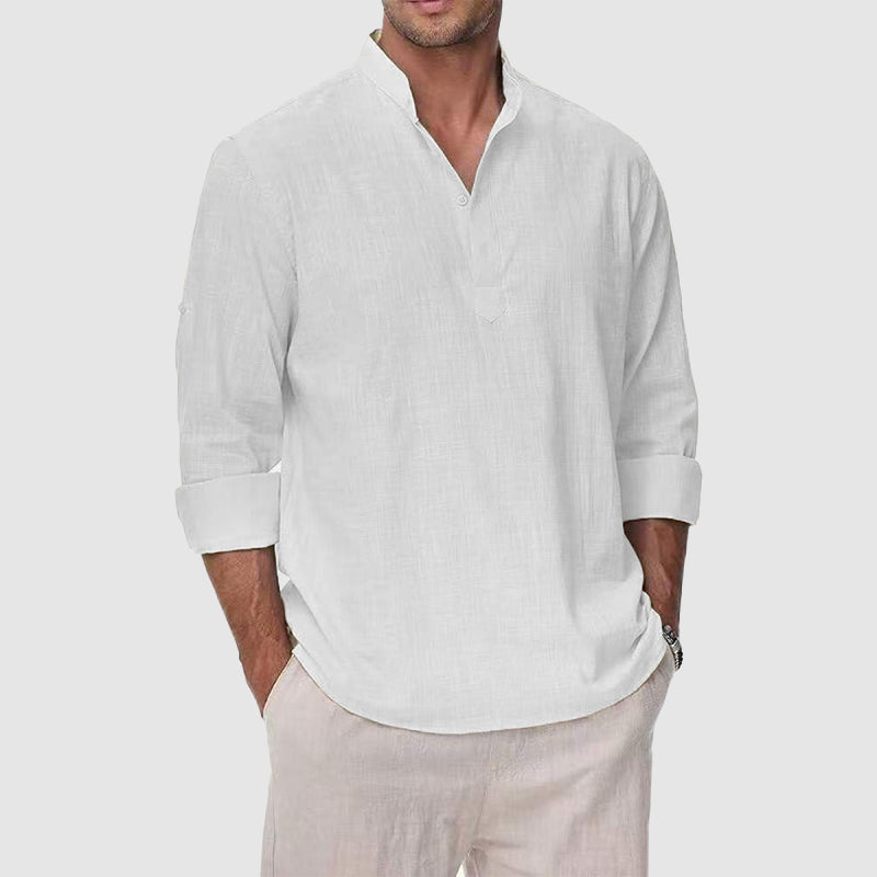 Men’s Cotton-Linen Henley Shirt – Relaxed Fit Long Sleeve Essential