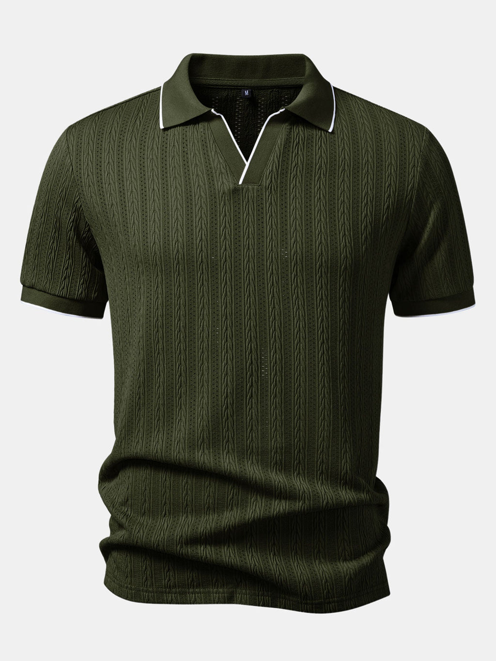 Men’s Knit Polo Shirt – Jacquard Vertical Stripe V-Neck Lapel Contrast Trim Regular Fit Smart Casual Top