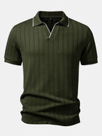 Men’s Knit Polo Shirt – Jacquard Vertical Stripe V-Neck Lapel Contrast Trim Regular Fit Smart Casual Top