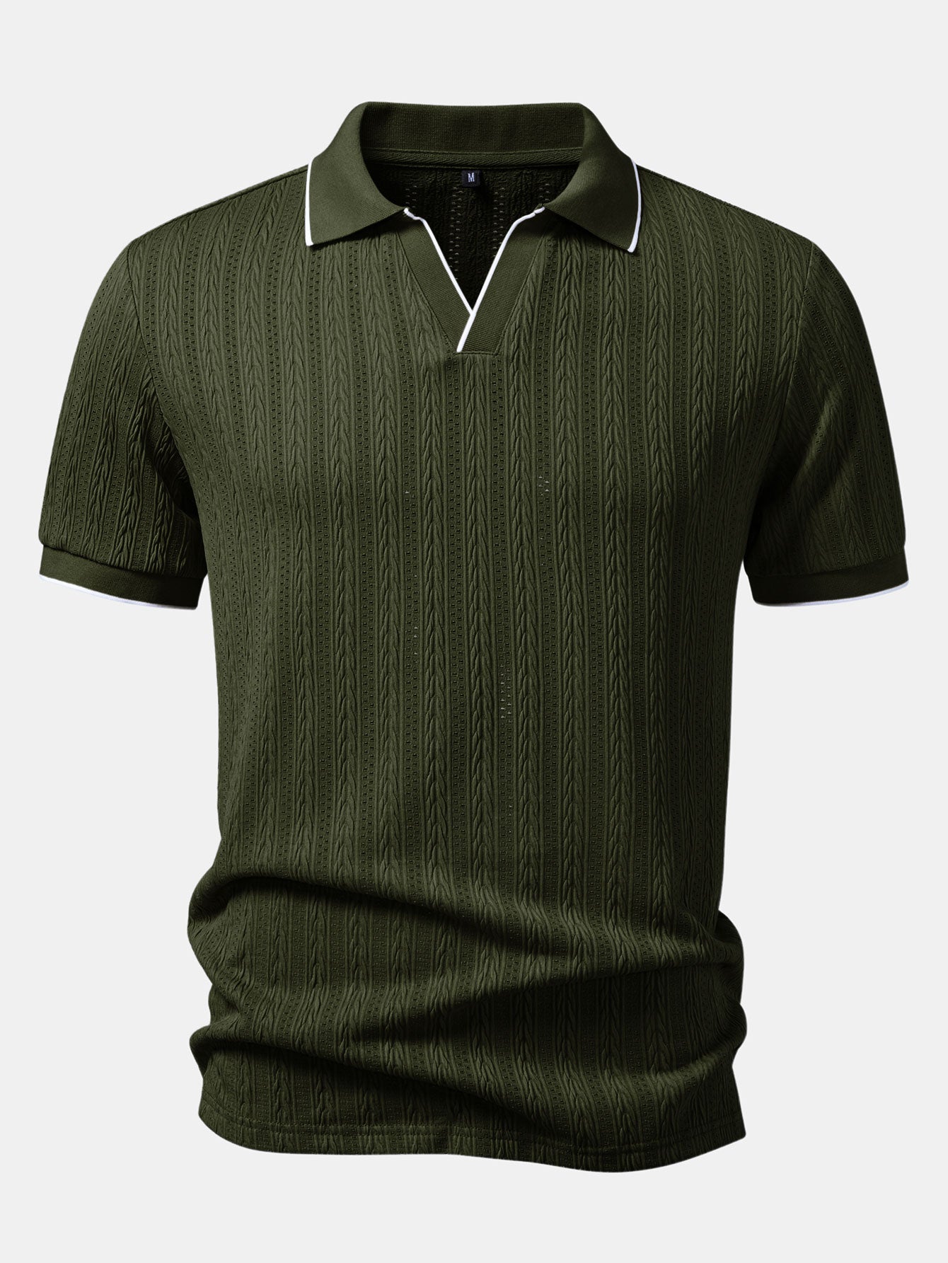 Men’s Knit Polo Shirt – Jacquard Vertical Stripe V-Neck Lapel Contrast Trim Regular Fit Smart Casual Top