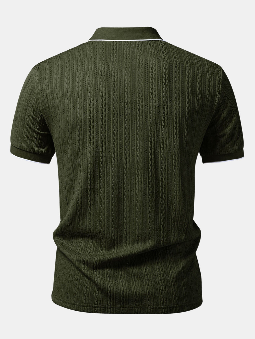 Men’s Knit Polo Shirt – Jacquard Vertical Stripe V-Neck Lapel Contrast Trim Regular Fit Smart Casual Top