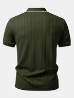 Men’s Knit Polo Shirt – Jacquard Vertical Stripe V-Neck Lapel Contrast Trim Regular Fit Smart Casual Top