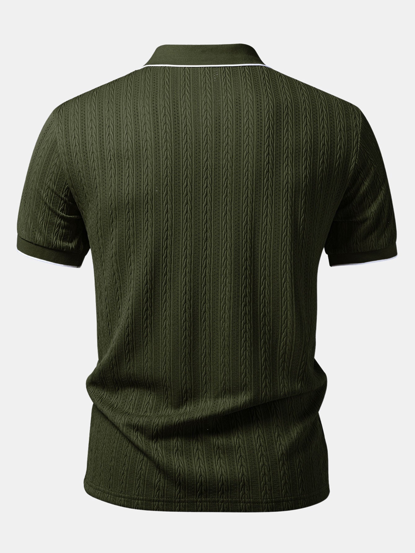 Men’s Knit Polo Shirt – Jacquard Vertical Stripe V-Neck Lapel Contrast Trim Regular Fit Smart Casual Top