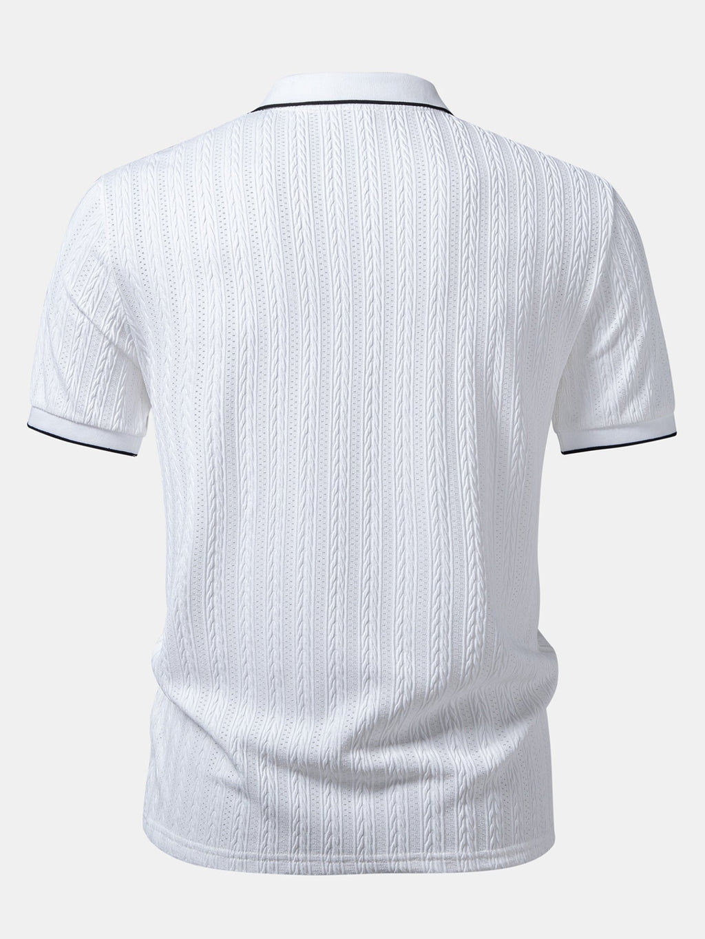 Men’s Knit Polo Shirt – Jacquard Vertical Stripe V-Neck Lapel Contrast Trim Regular Fit Smart Casual Top