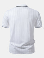 Men’s Knit Polo Shirt – Jacquard Vertical Stripe V-Neck Lapel Contrast Trim Regular Fit Smart Casual Top