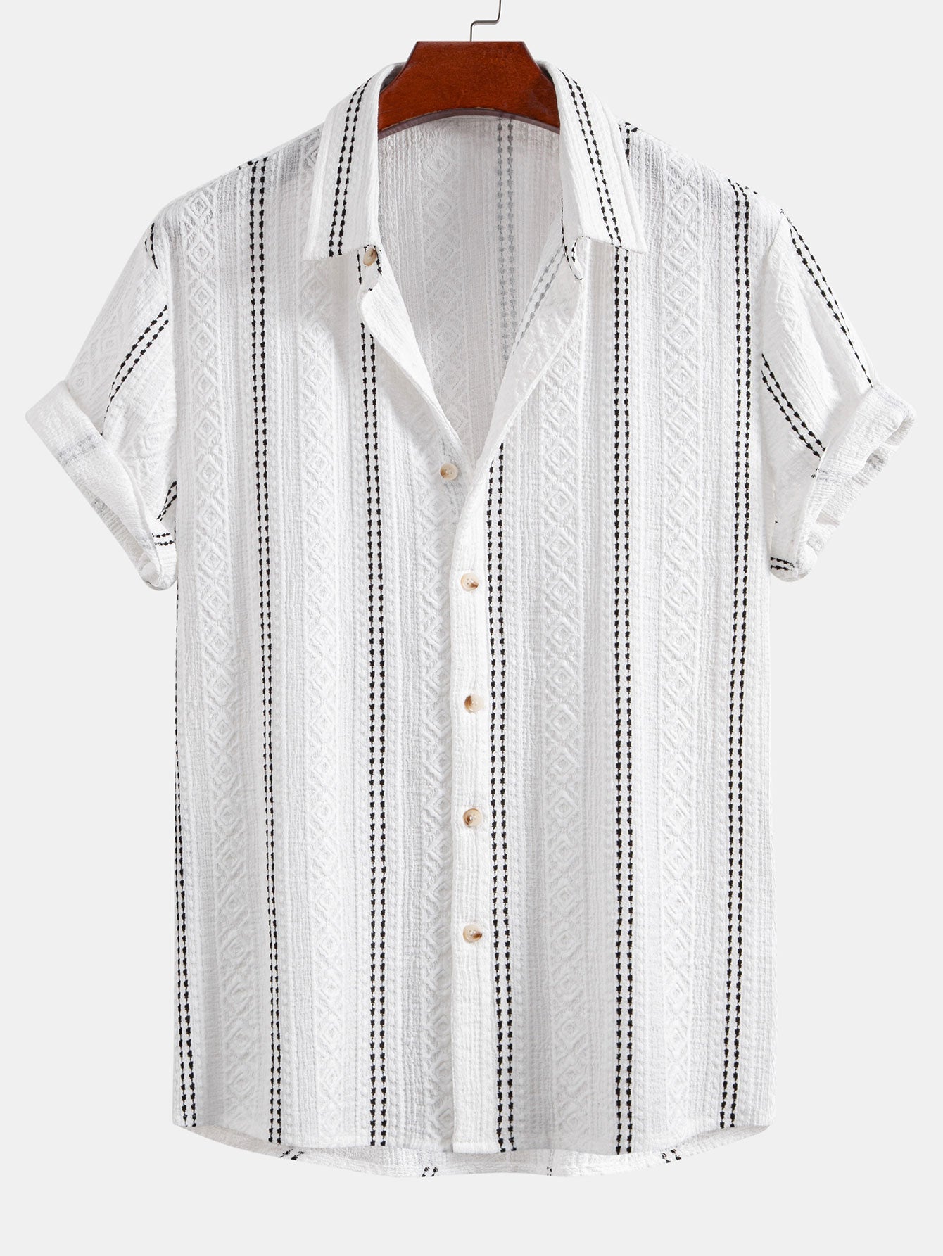 Men’s Striped Jacquard Shirt – Lightweight Breathable Casual Button-Up Summer Shirt with Retro Black & White Design