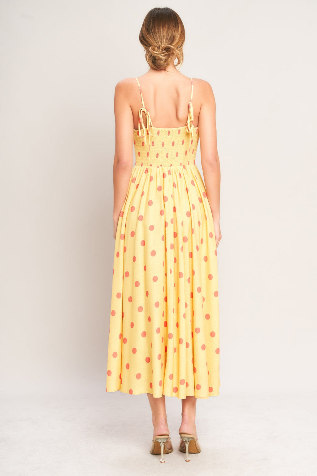 Women's Polka Dot Midi Dress with Smocked Back