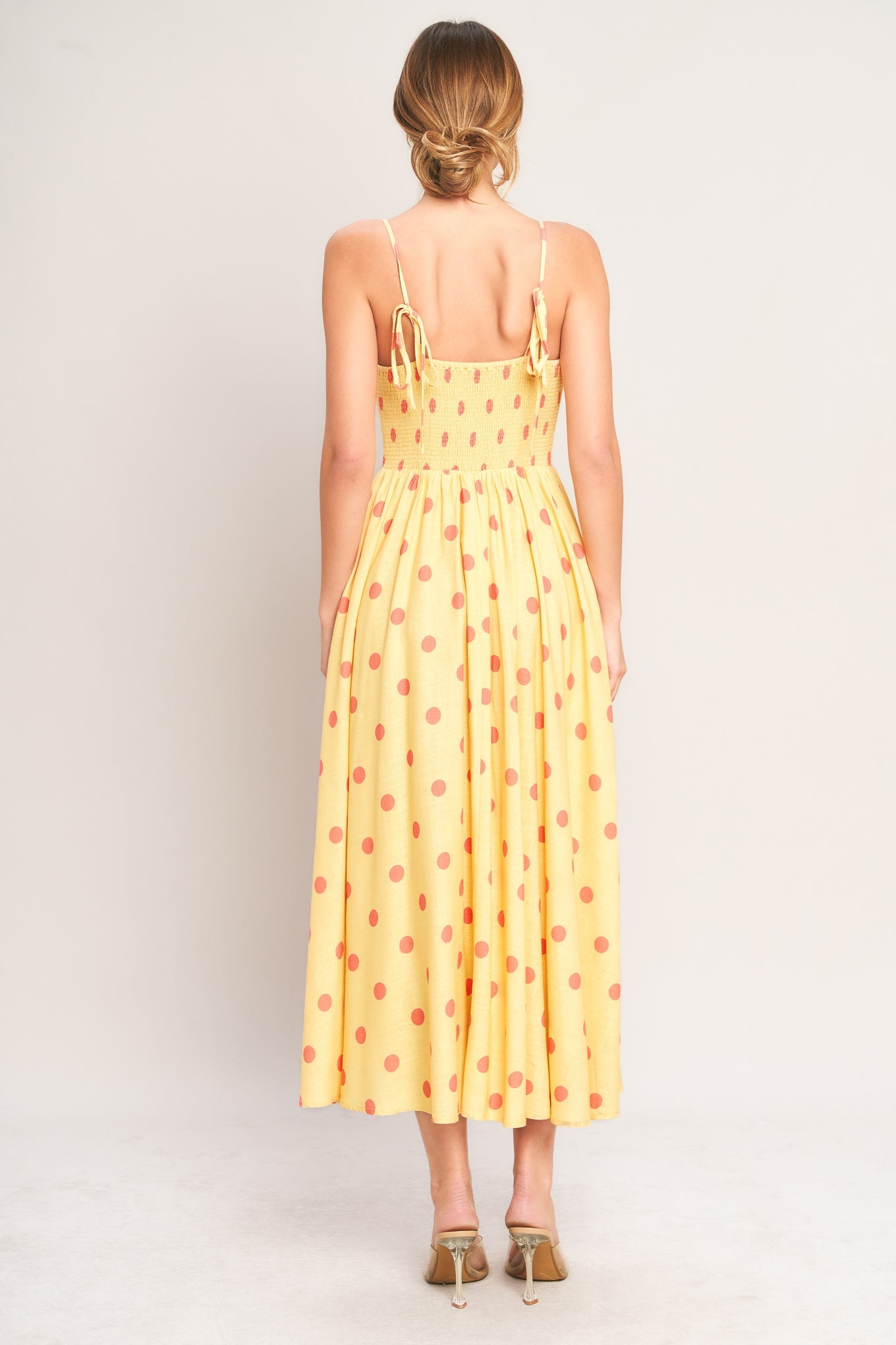 Women's Polka Dot Midi Dress with Smocked Back