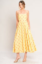 Women's Polka Dot Midi Dress with Smocked Back