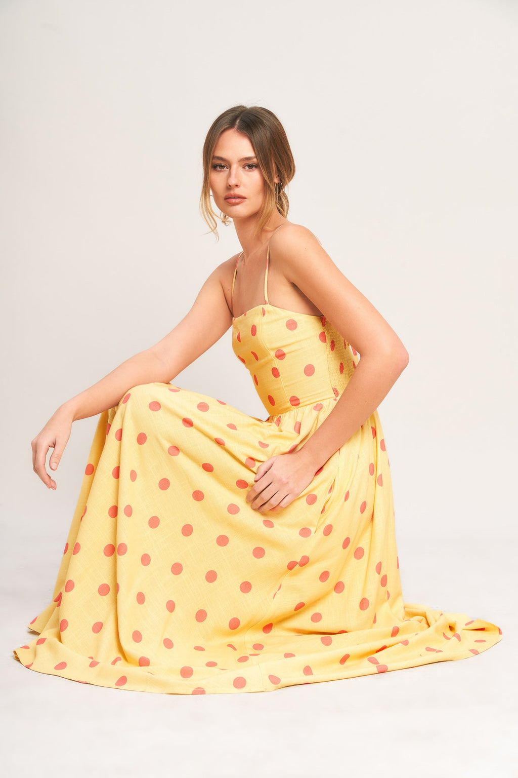 Women's Polka Dot Midi Dress with Smocked Back