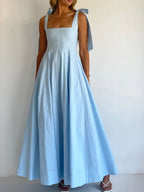 Women’s Tie-Front Maxi Dress – Sleeveless Full-Length Polyester Evening Dress