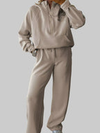 Women’s Two-Piece Drawstring Lounge Set – Casual Zipper Top & Wide Leg Pants Set with Pockets