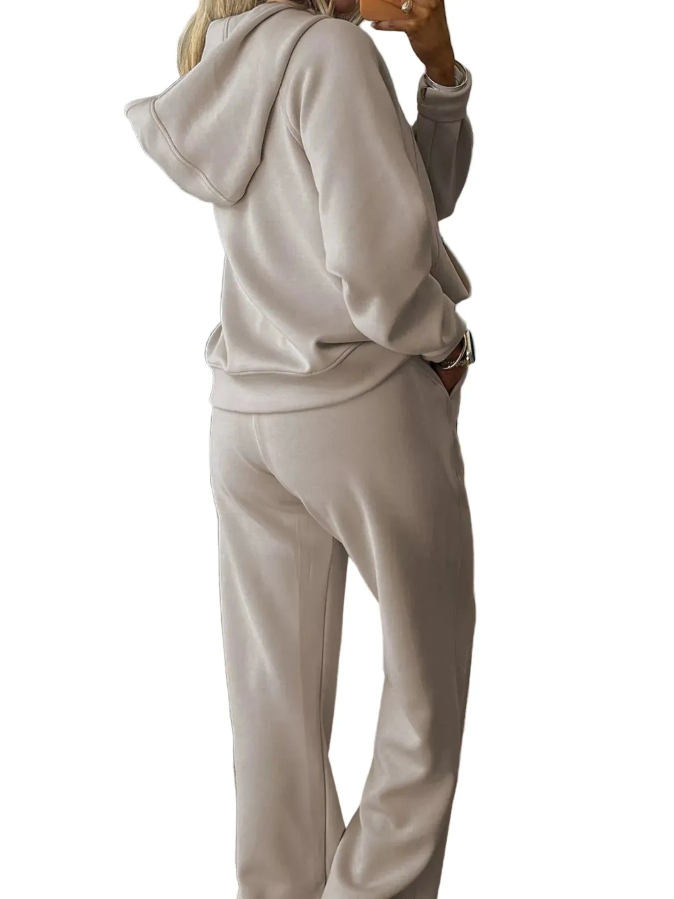 Women’s Two-Piece Drawstring Lounge Set – Casual Zipper Top & Wide Leg Pants Set with Pockets