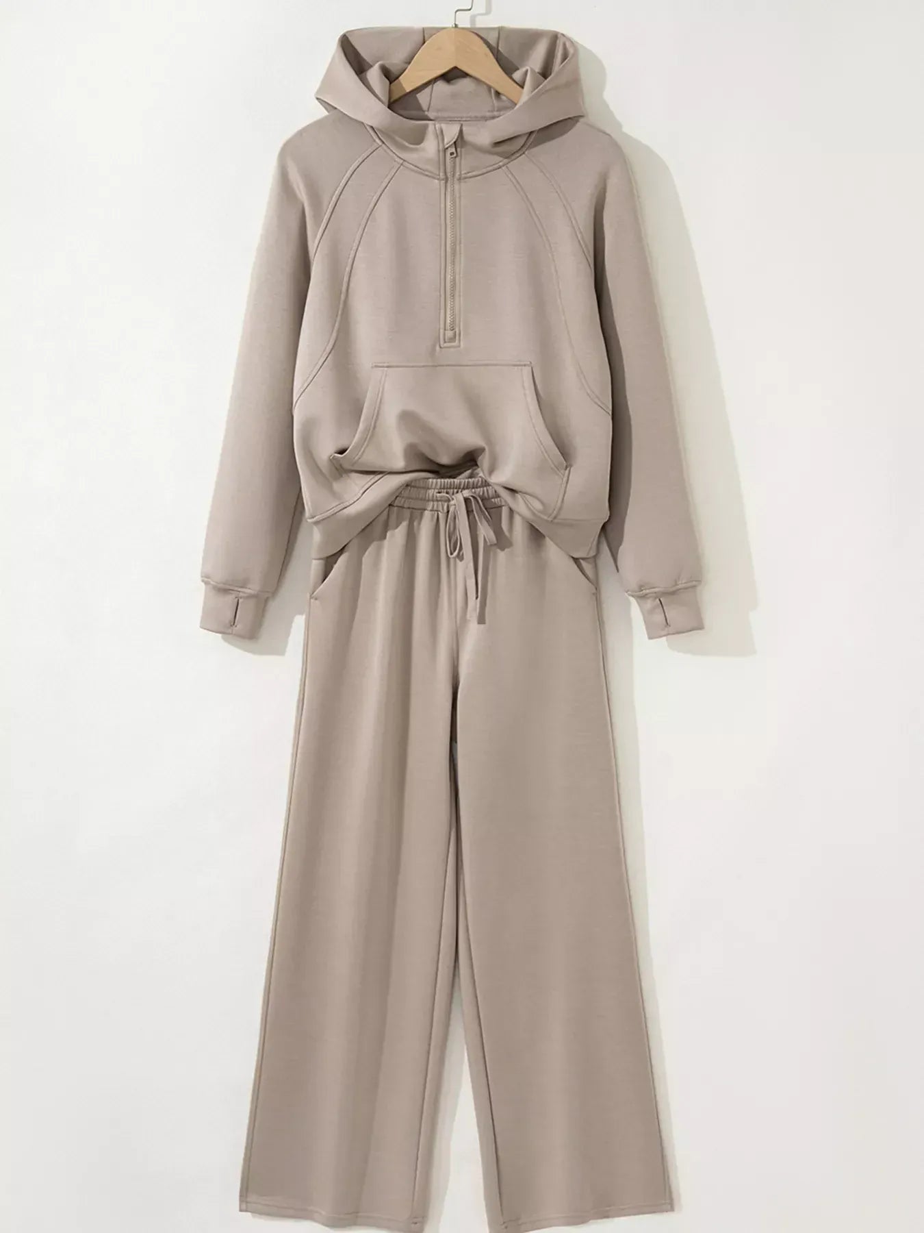 Women’s Two-Piece Drawstring Lounge Set – Casual Zipper Top & Wide Leg Pants Set with Pockets
