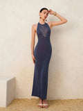 Women’s Backless Knit Maxi Dress – Sleeveless Collarless Vacation & Party Dress