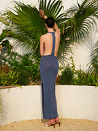 Women’s Backless Knit Maxi Dress – Sleeveless Collarless Vacation & Party Dress