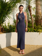 Women’s Backless Knit Maxi Dress – Sleeveless Collarless Vacation & Party Dress