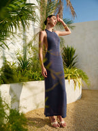 Women’s Backless Knit Maxi Dress – Sleeveless Collarless Vacation & Party Dress