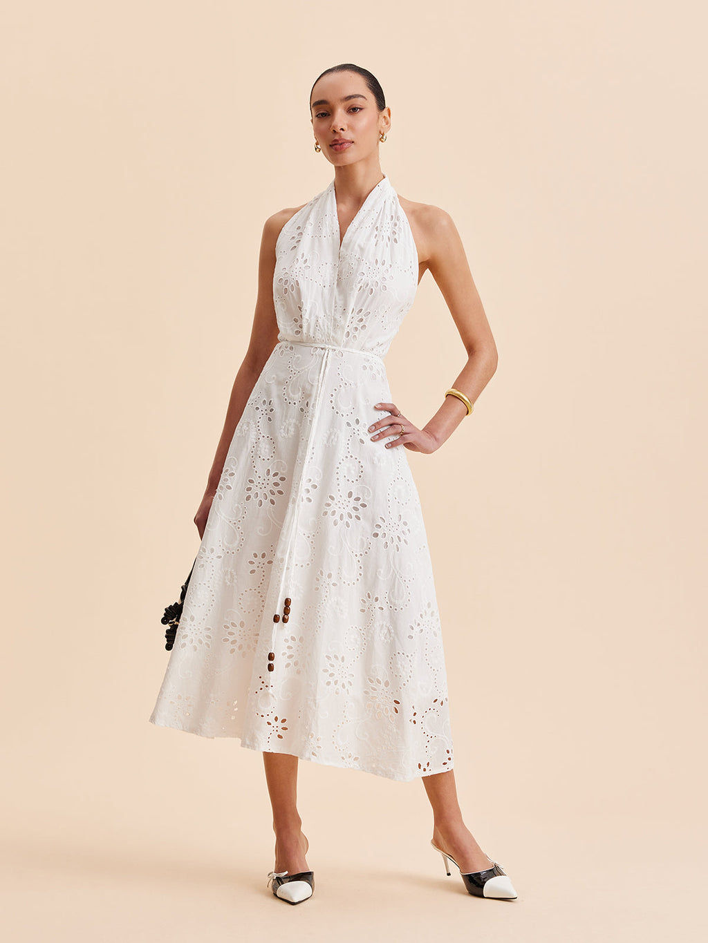 Women’s Halter Embroidered Belted Maxi Dress – Cotton Blend Elegant Vacation & Work Dress