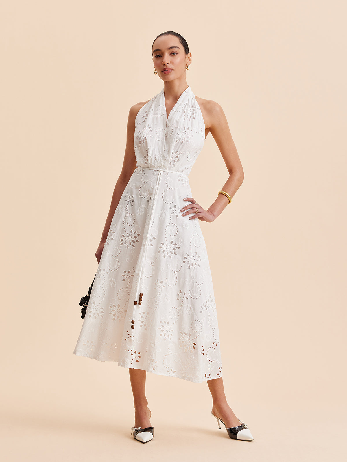 Women’s Halter Embroidered Belted Maxi Dress – Cotton Blend Elegant Vacation & Work Dress