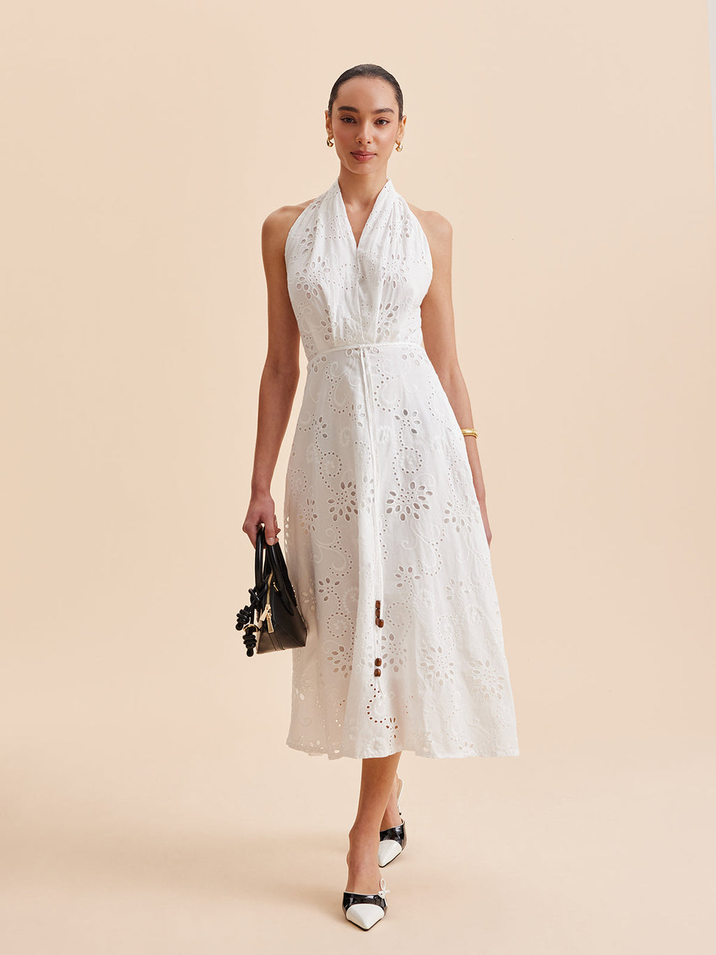 Women’s Halter Embroidered Belted Maxi Dress – Cotton Blend Elegant Vacation & Work Dress