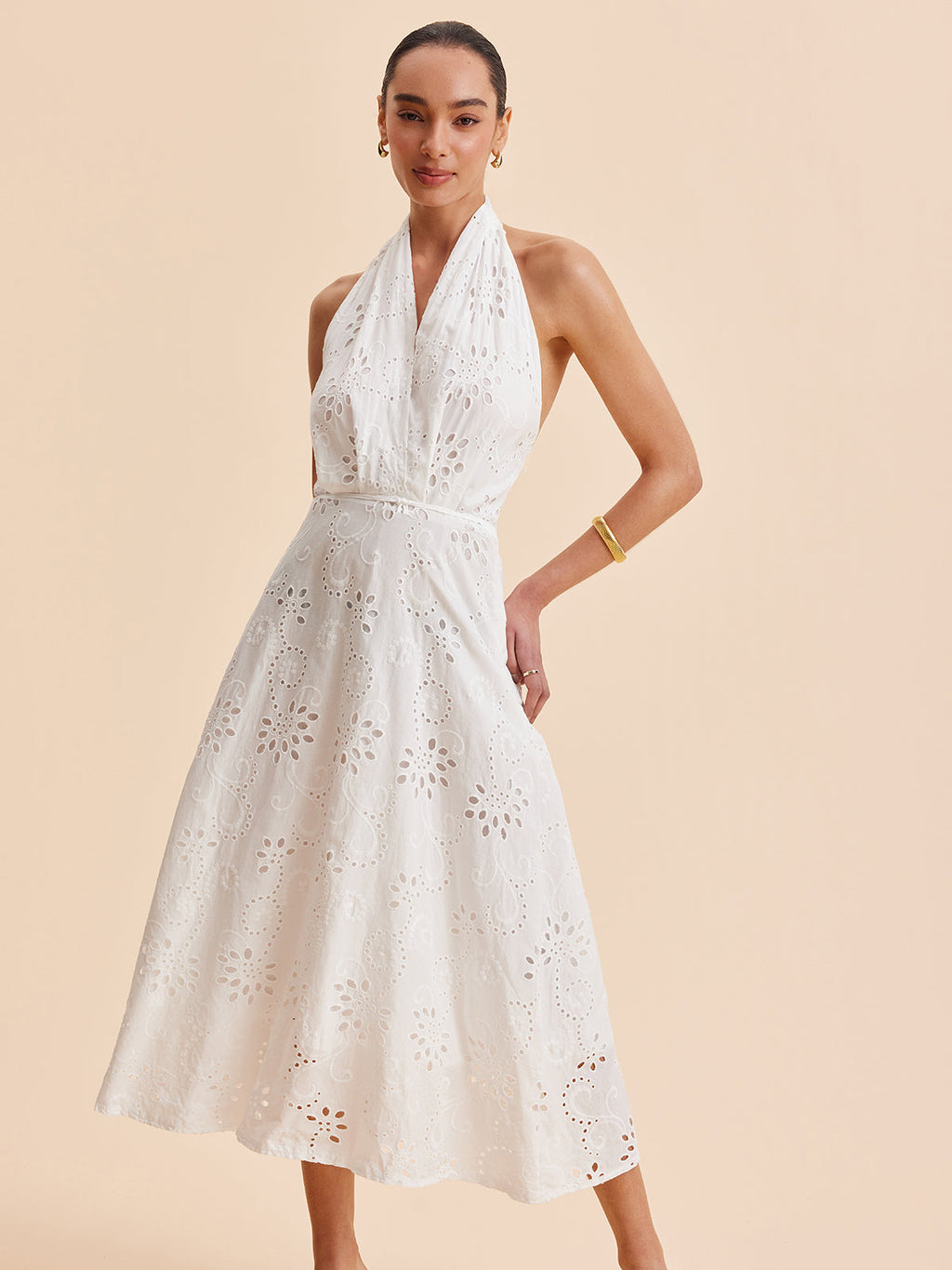 Women’s Halter Embroidered Belted Maxi Dress – Cotton Blend Elegant Vacation & Work Dress