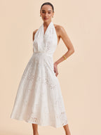Women’s Halter Embroidered Belted Maxi Dress – Cotton Blend Elegant Vacation & Work Dress